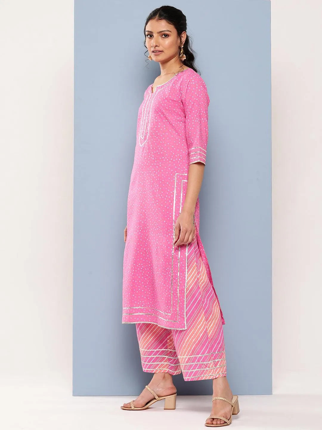 Pink Printed Cotton Straight Suit Set With Palazzos - Libas 
