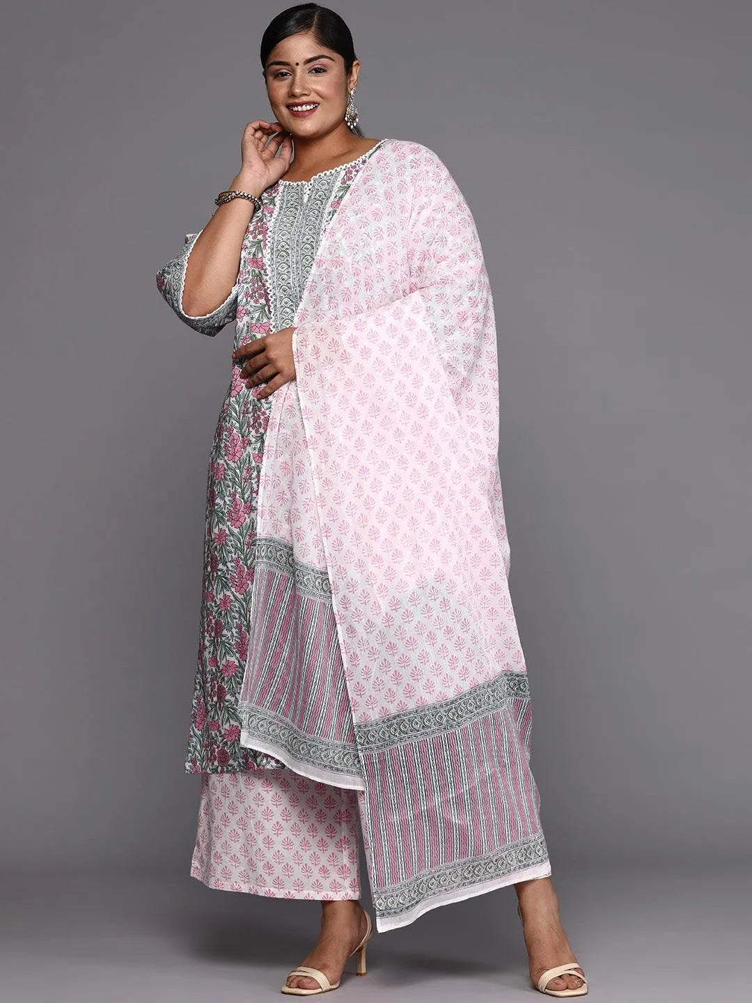 Pink Printed Cotton Straight Kurta With Palazzos & Dupatta - Libas 