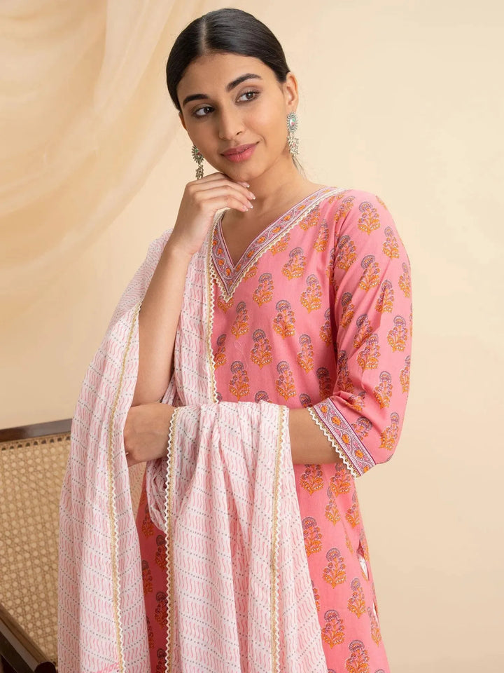 Pink Printed Cotton Suit Set - Libas