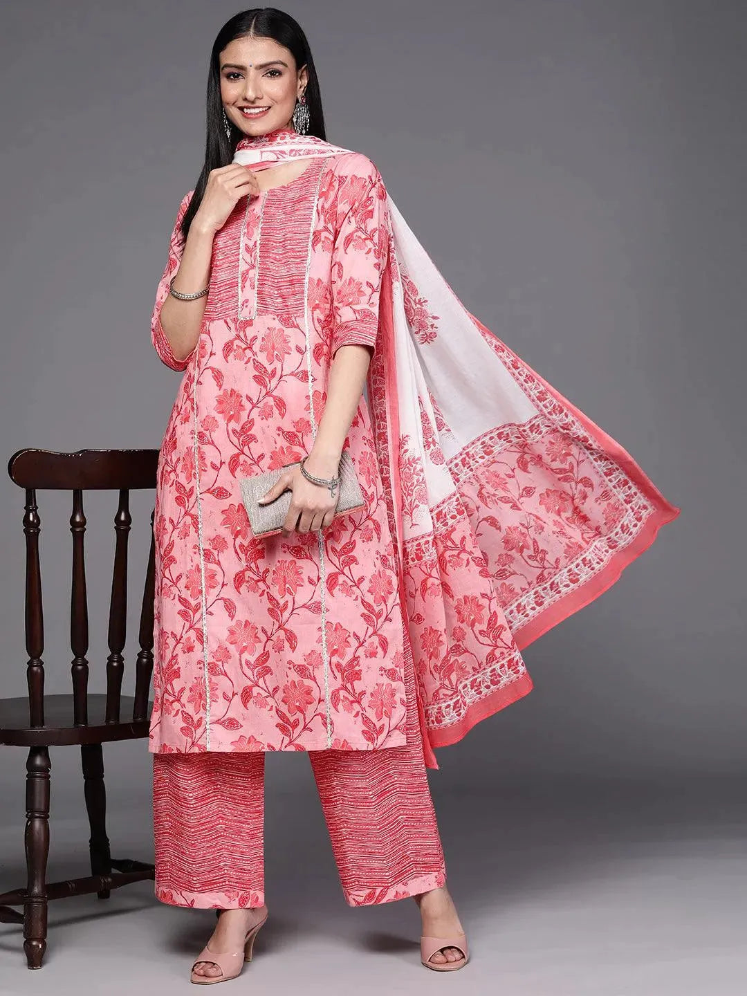 Pink Printed Cotton Suit Set - Libas