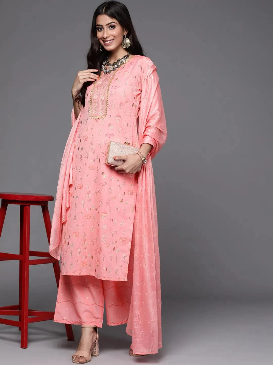 Pink Printed Cotton Suit Set - Libas 