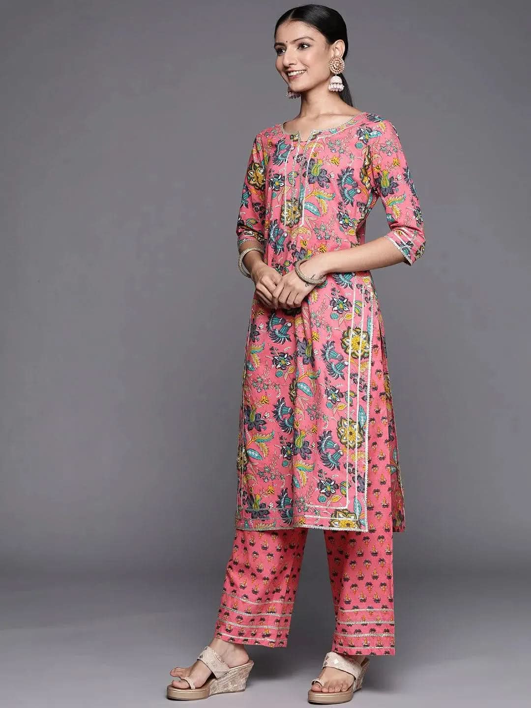 Pink Printed Cotton Straight Suit Set - Libas 