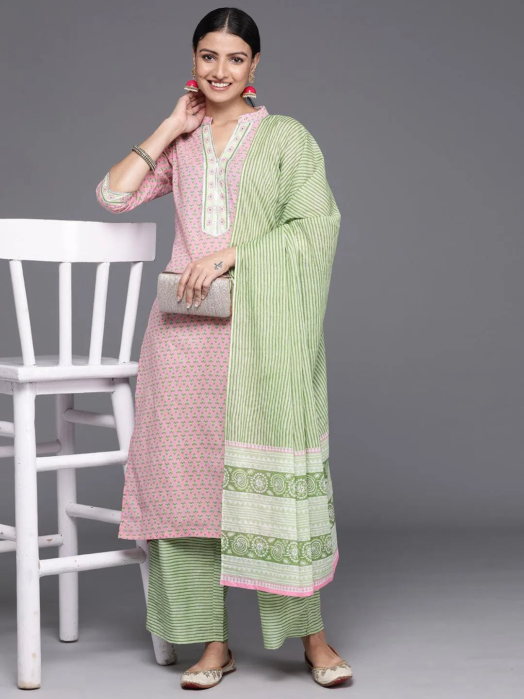 Pink Printed Cotton Straight Kurta With Palazzos & Dupatta - Libas 