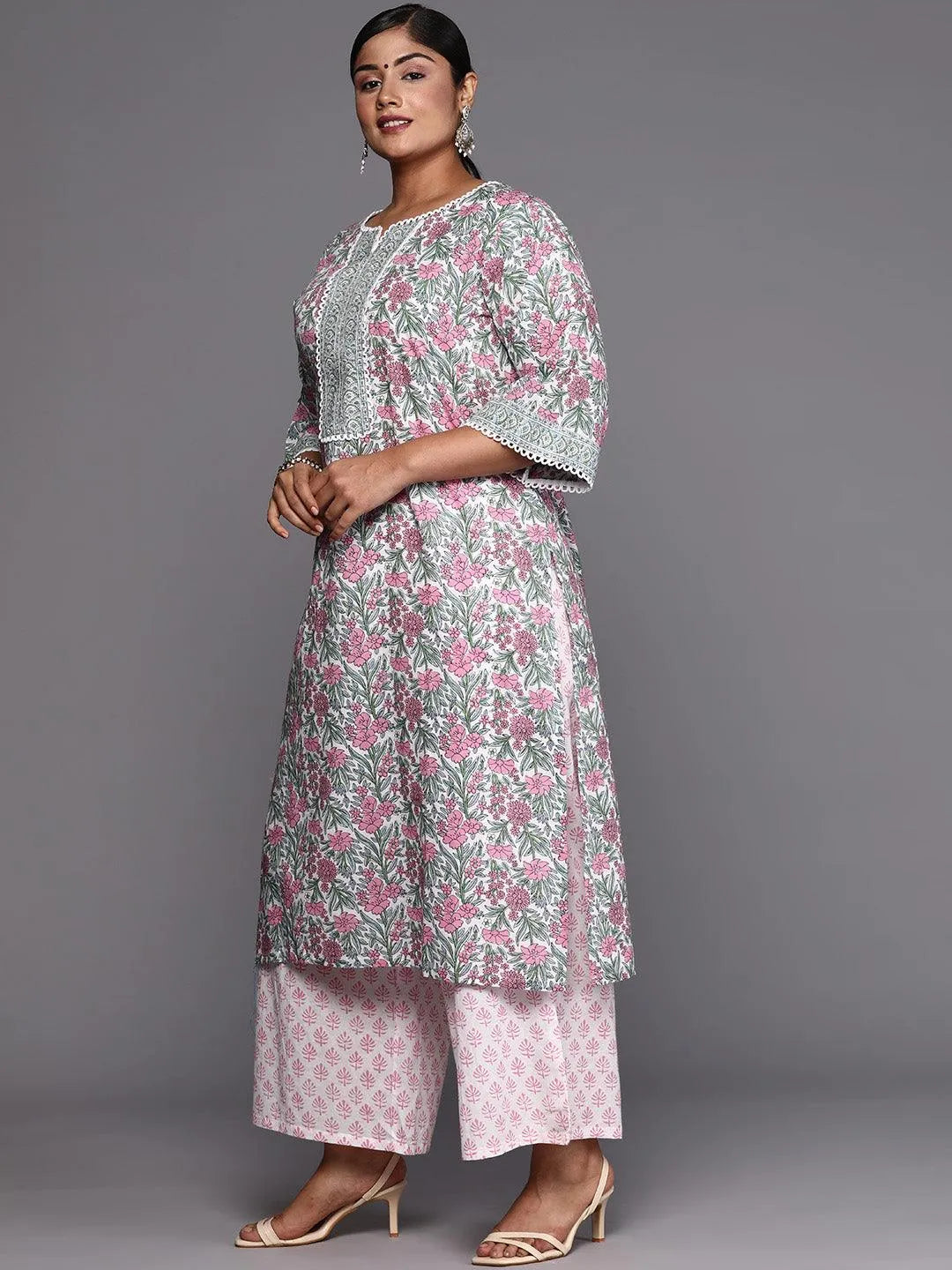 Pink Printed Cotton Straight Kurta With Palazzos & Dupatta - Libas 