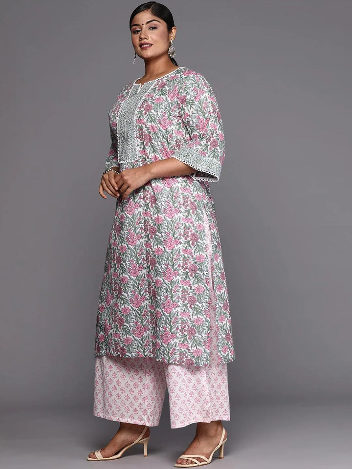 Pink Printed Cotton Straight Kurta With Palazzos & Dupatta - Libas