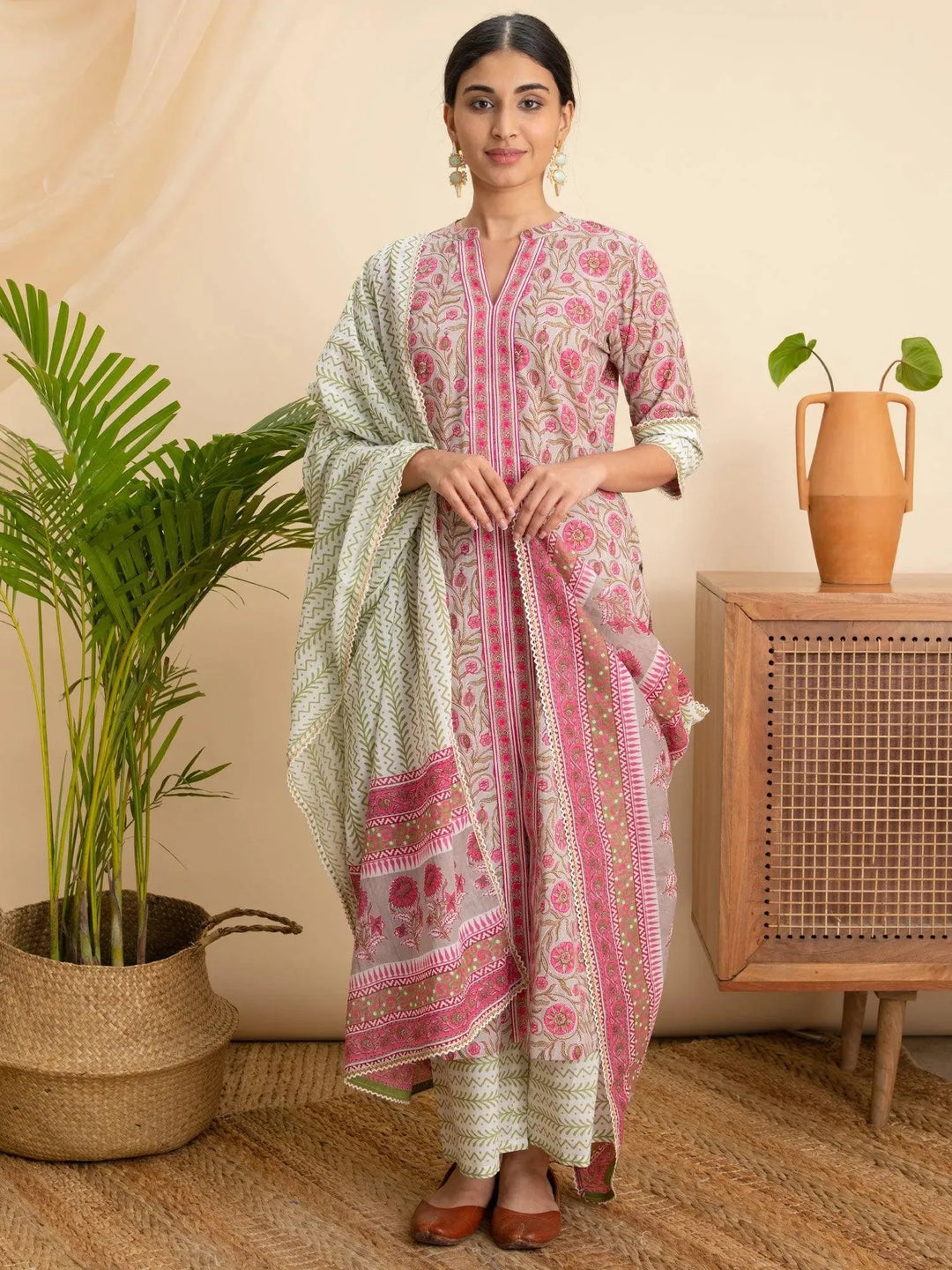 Pink Printed Cotton Suit Set - Libas