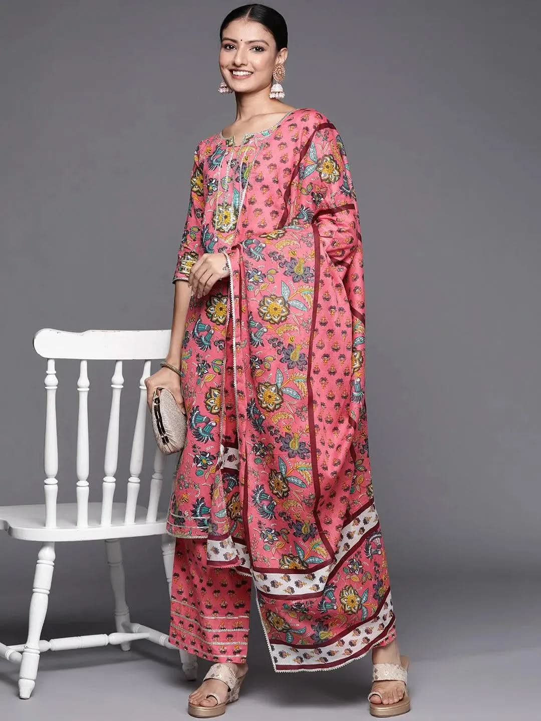 Pink Printed Cotton Straight Suit Set - Libas 
