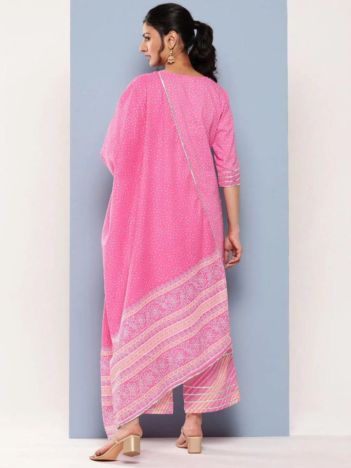 Pink Printed Cotton Straight Suit Set With Palazzos - Libas