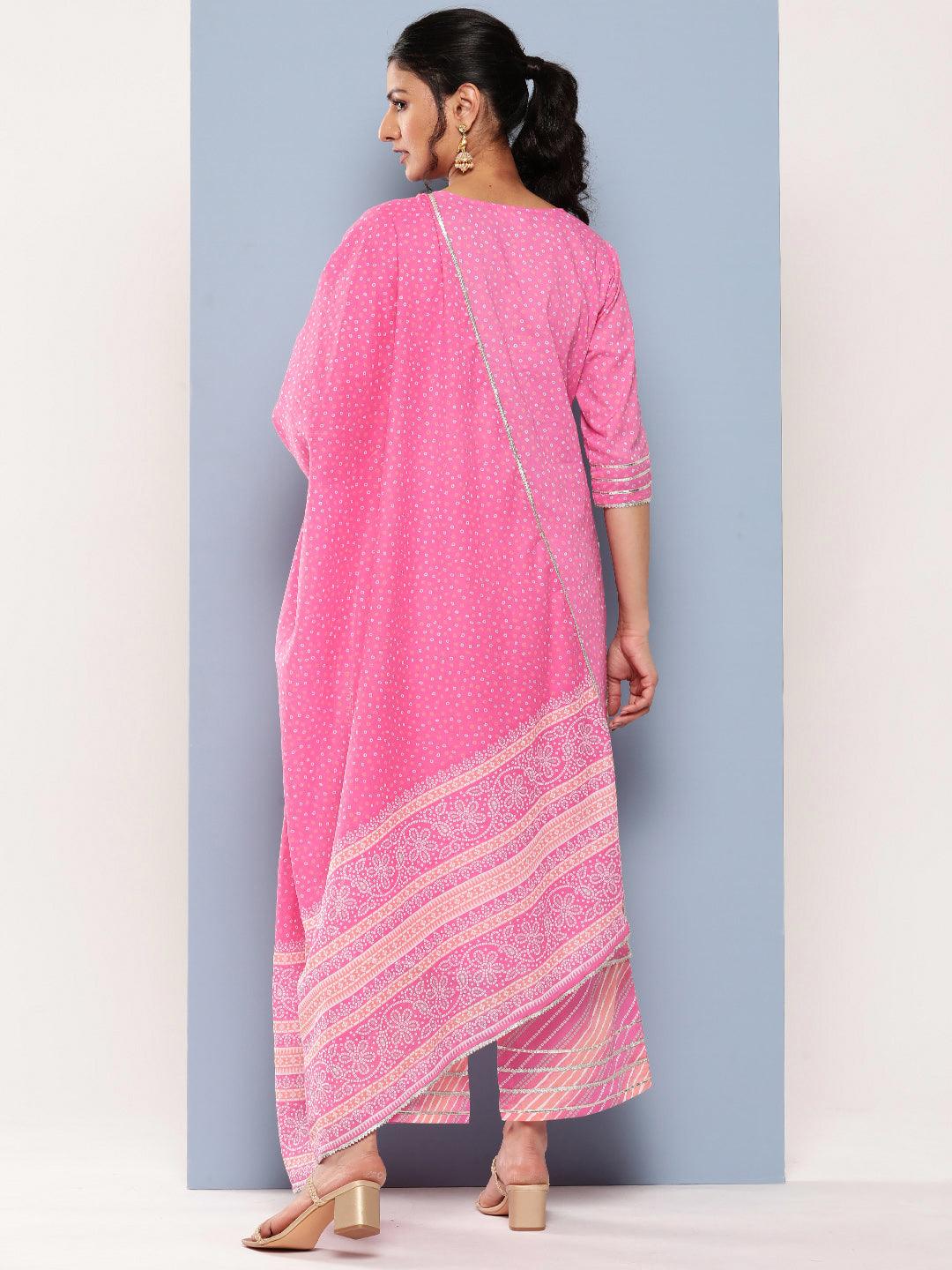 Pink Printed Cotton Straight Suit Set With Palazzos - Libas
