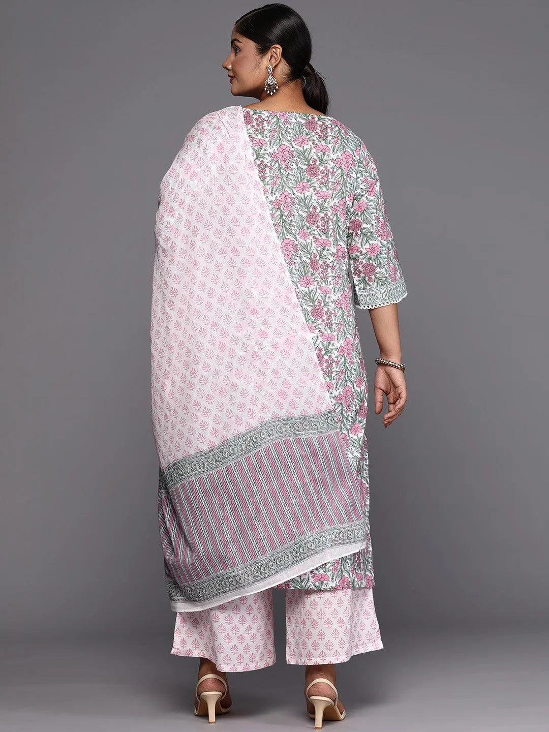 Pink Printed Cotton Straight Kurta With Palazzos & Dupatta - Libas 