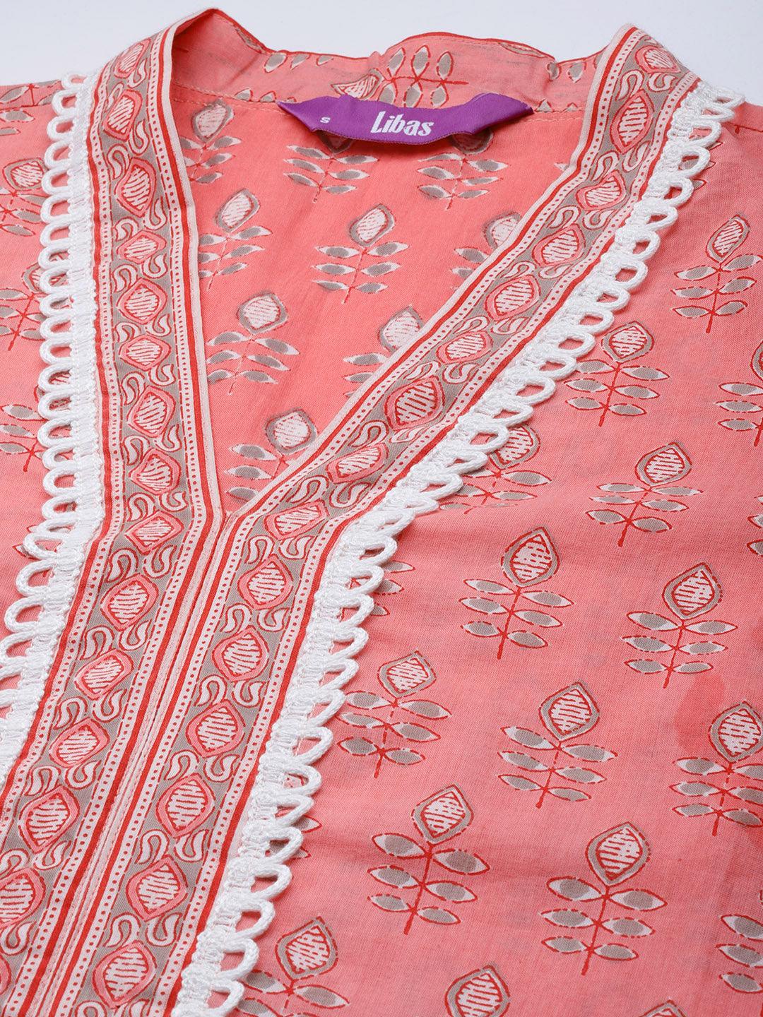 Pink Printed Cotton Straight Kurta With Palazzos & Dupatta