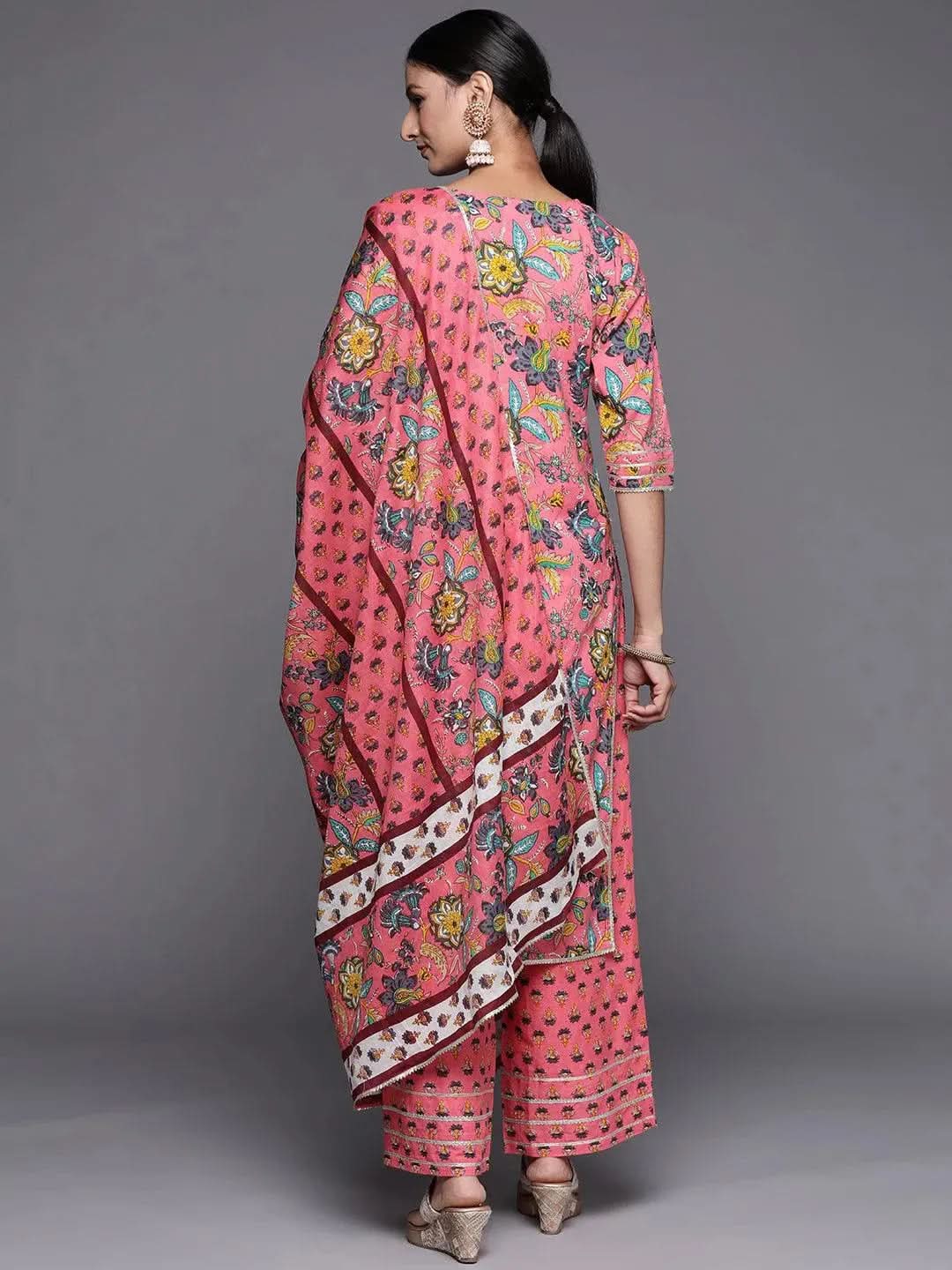 Pink Printed Cotton Straight Suit Set - Libas 
