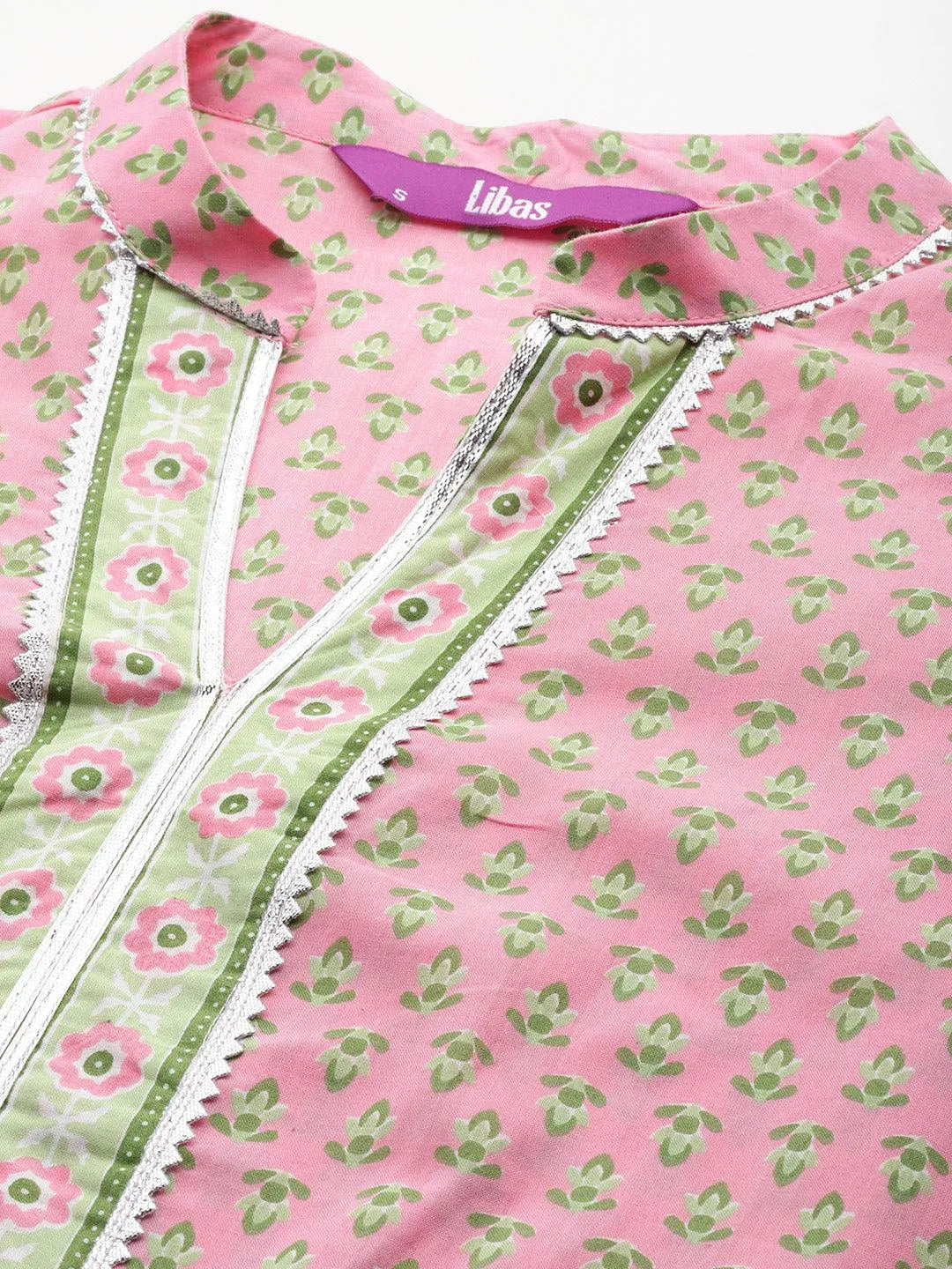 Pink Printed Cotton Straight Kurta With Palazzos & Dupatta - Libas 