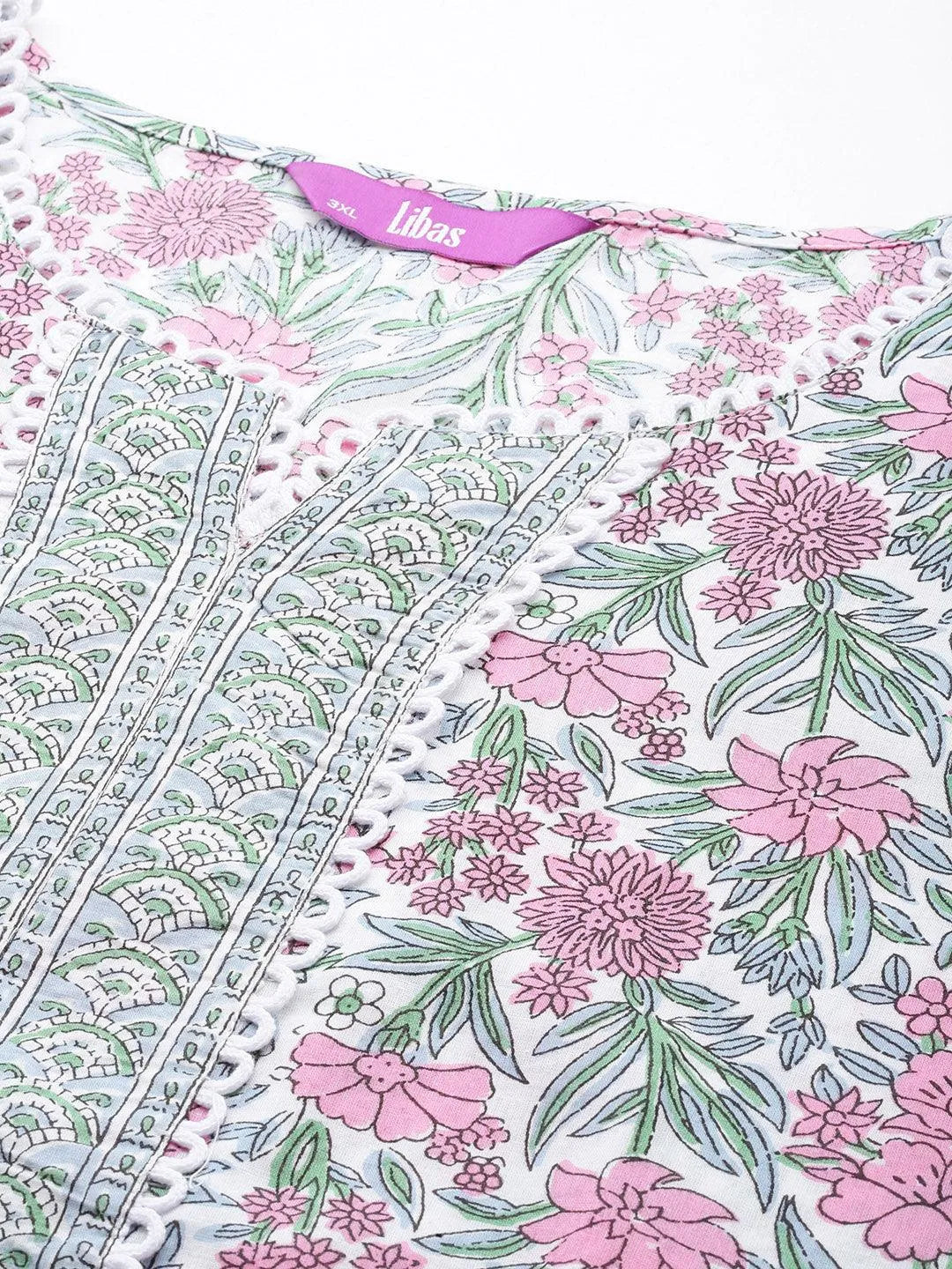 Pink Printed Cotton Straight Kurta With Palazzos & Dupatta - Libas 