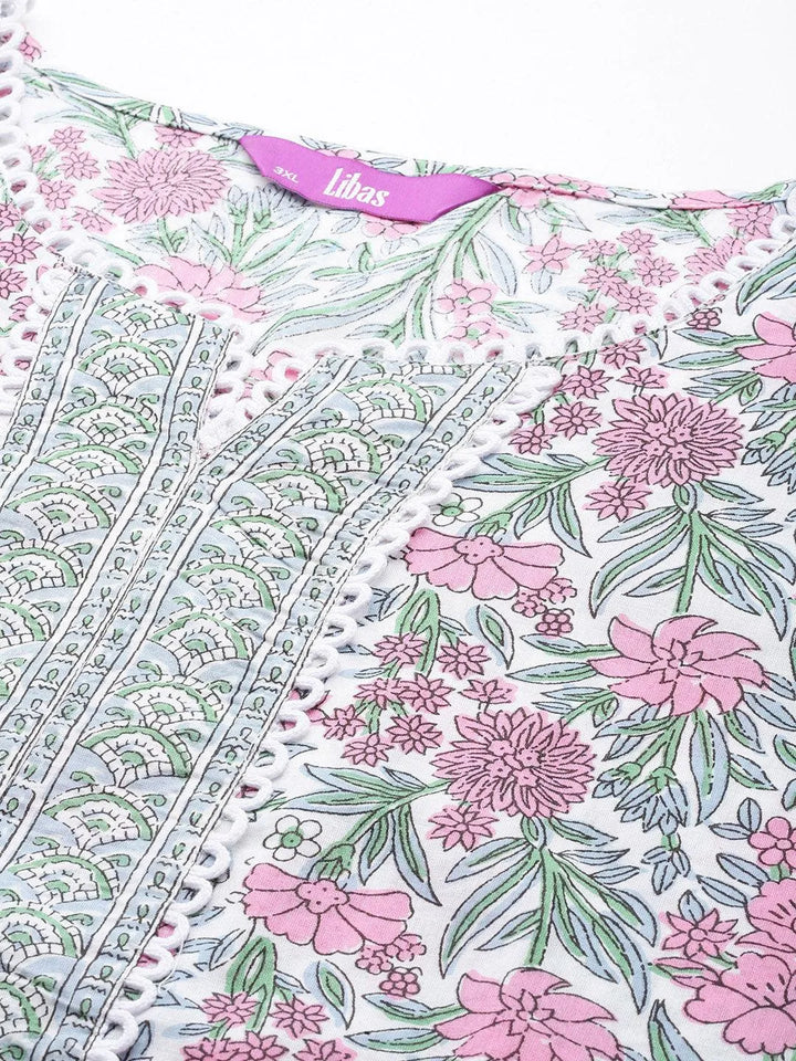 Pink Printed Cotton Straight Kurta With Palazzos & Dupatta - Libas