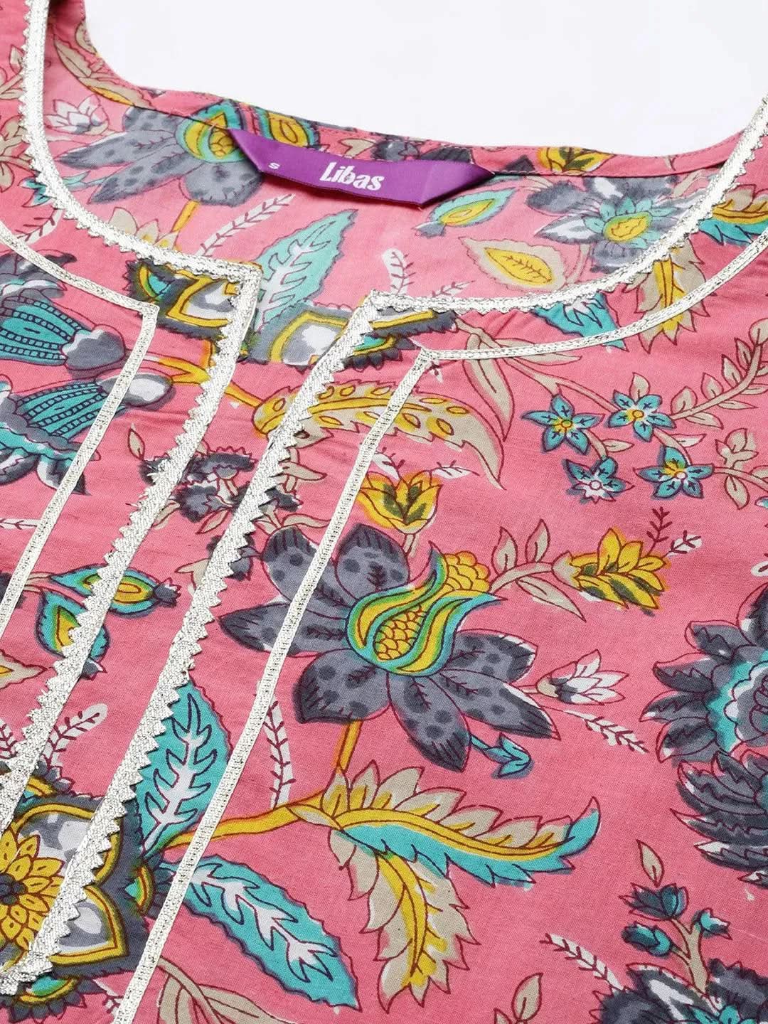 Pink Printed Cotton Straight Suit Set - Libas 