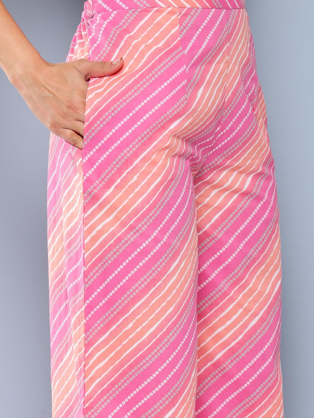 Pink Printed Cotton Straight Suit Set With Palazzos - Libas
