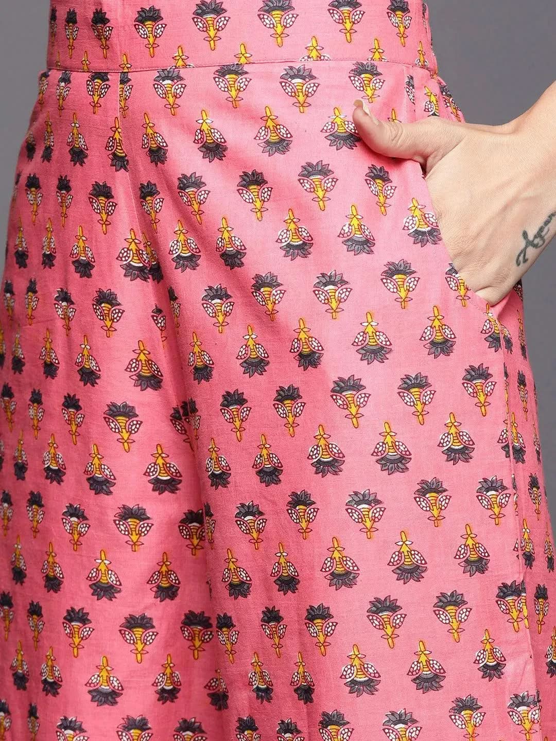 Pink Printed Cotton Straight Suit Set - Libas 