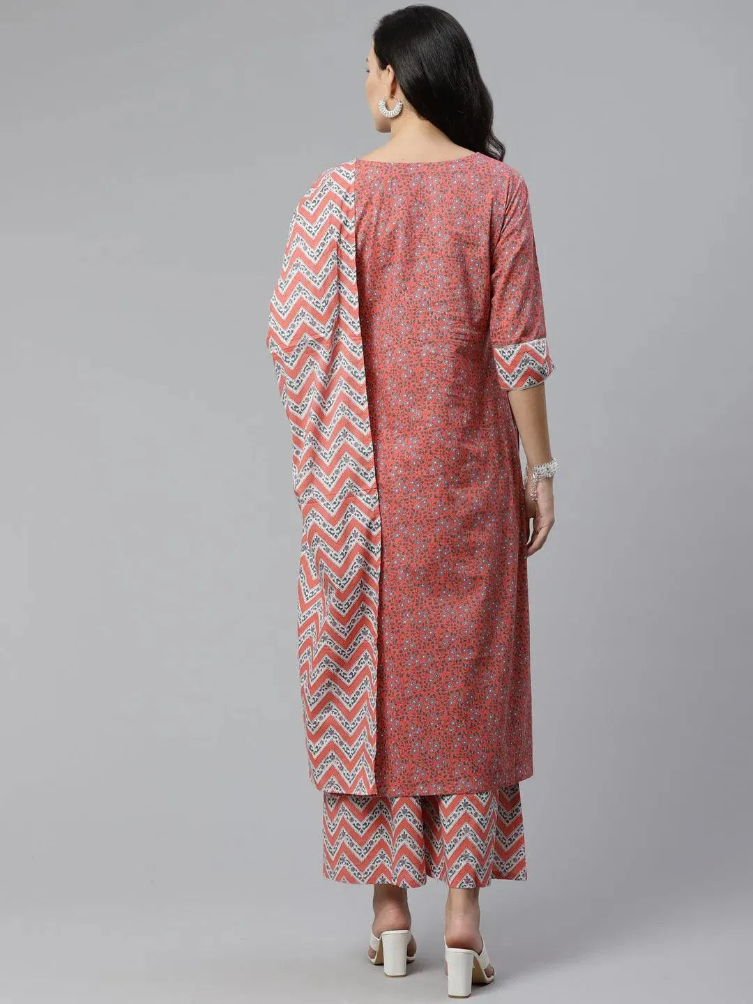 

Pink Printed Cotton Straight Kurta With Palazzos & Stole