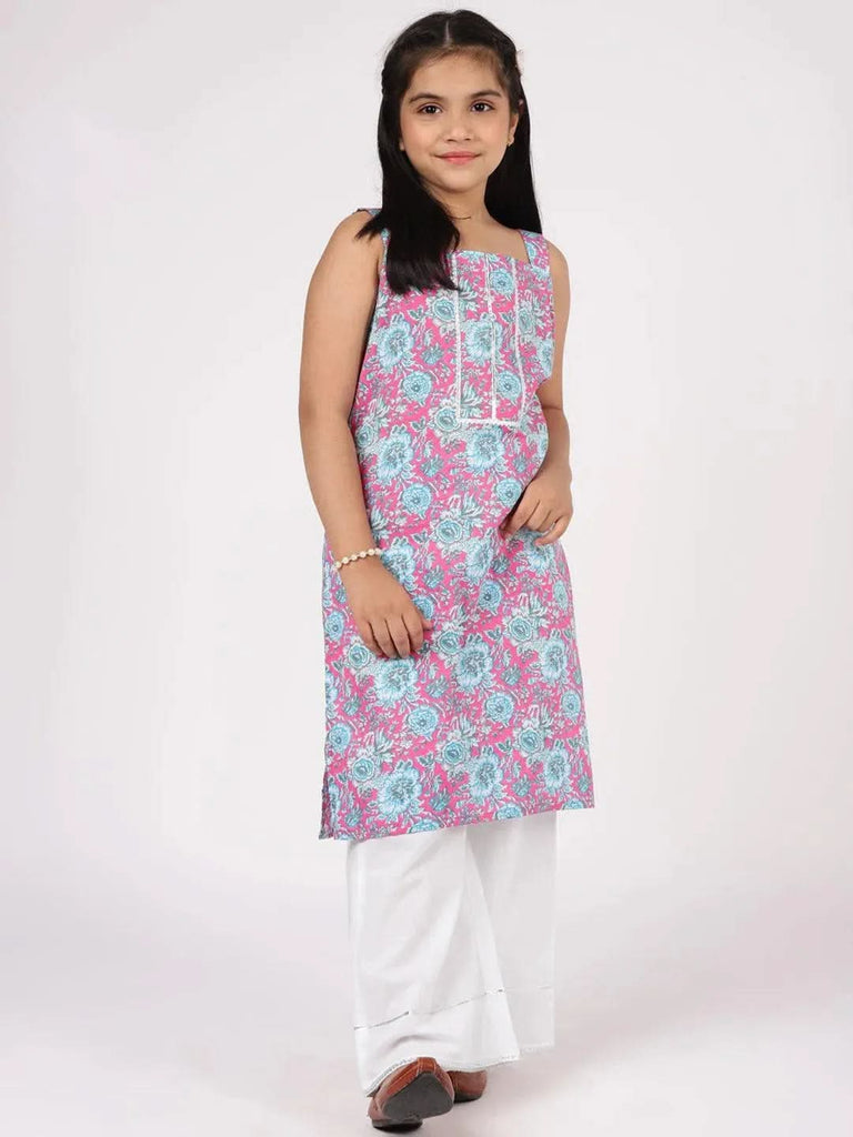Kids Pink Printed Cotton Straight Kurta With Palazzos