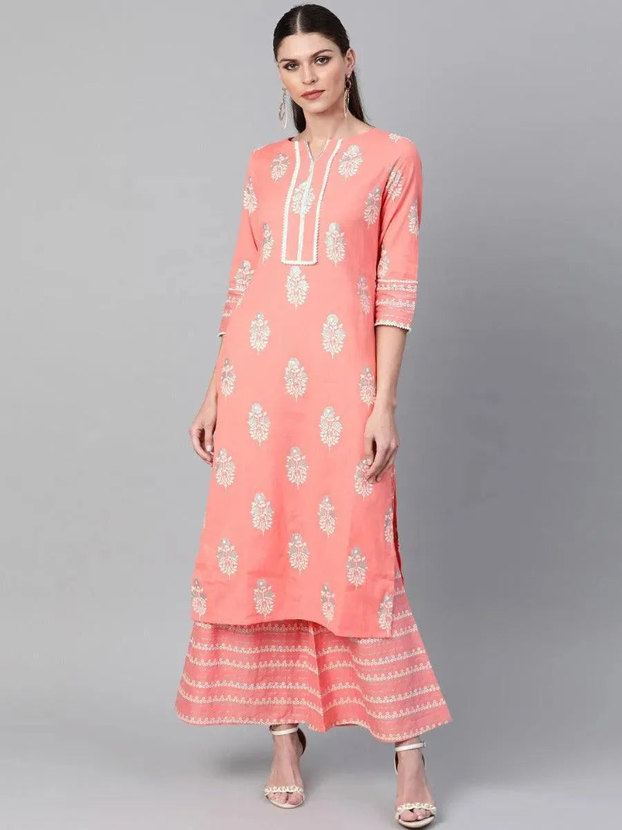 Pink Printed Cotton Kurta Set - Libas