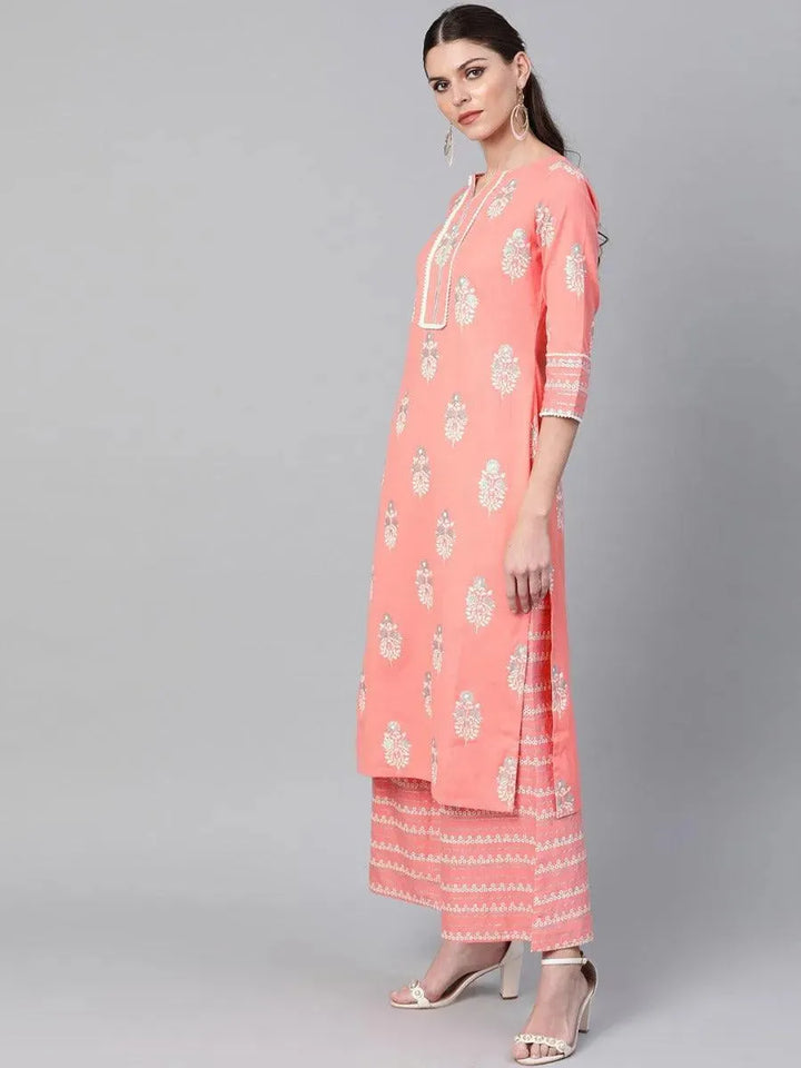 Pink Printed Cotton Kurta Set - Libas