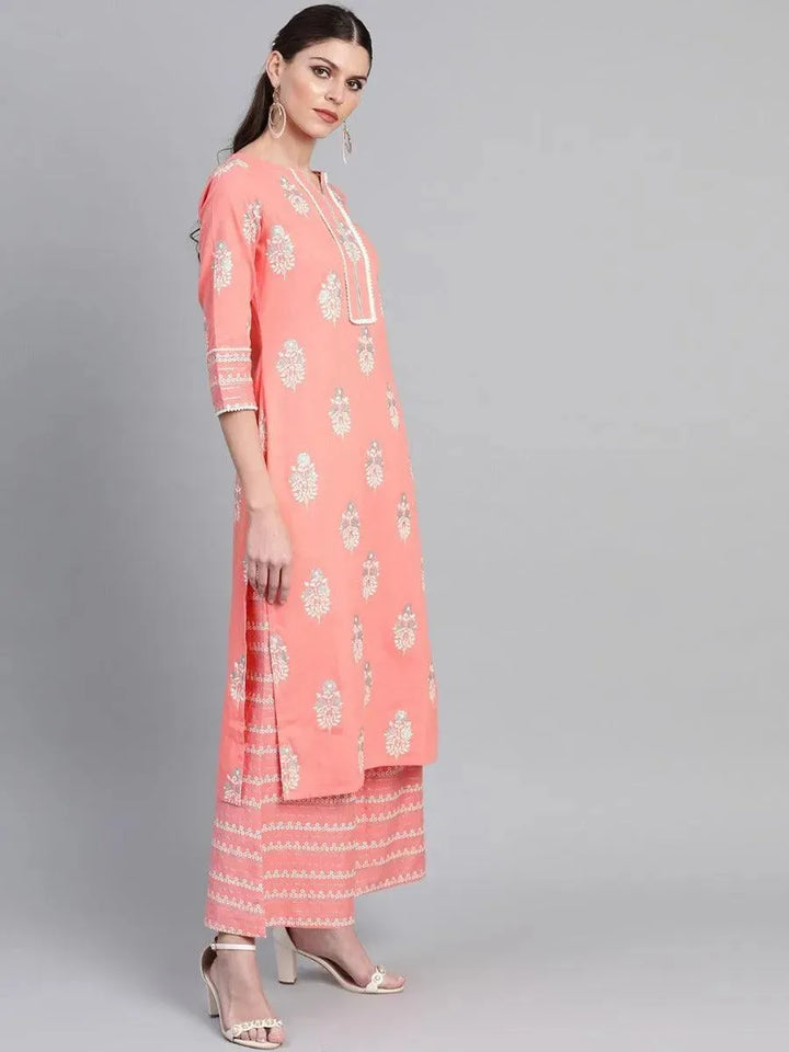 Pink Printed Cotton Kurta Set - Libas