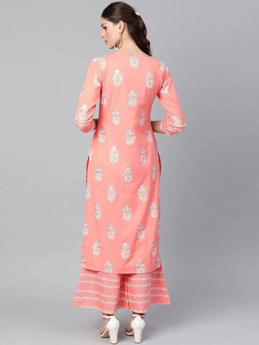 Pink Printed Cotton Kurta Set - Libas