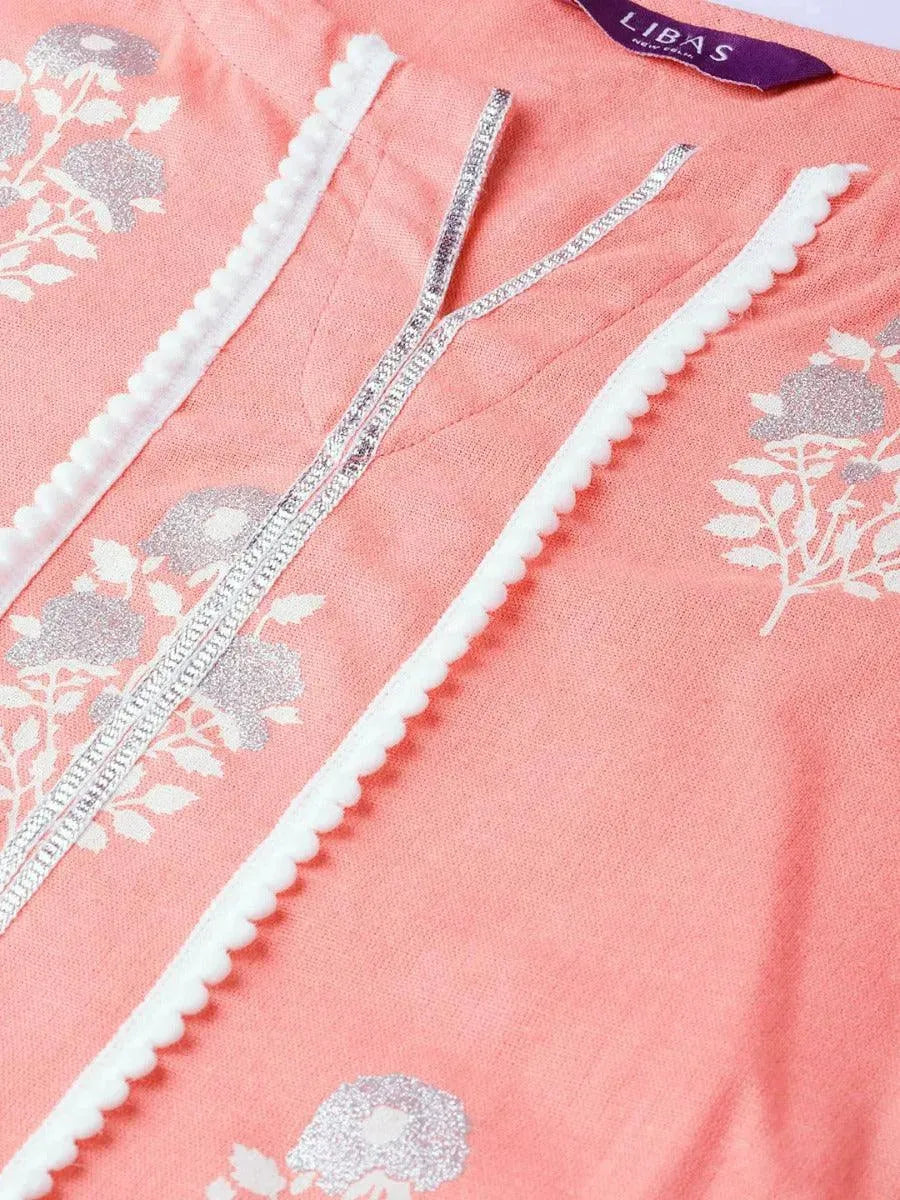Pink Printed Cotton Kurta Set - Libas 