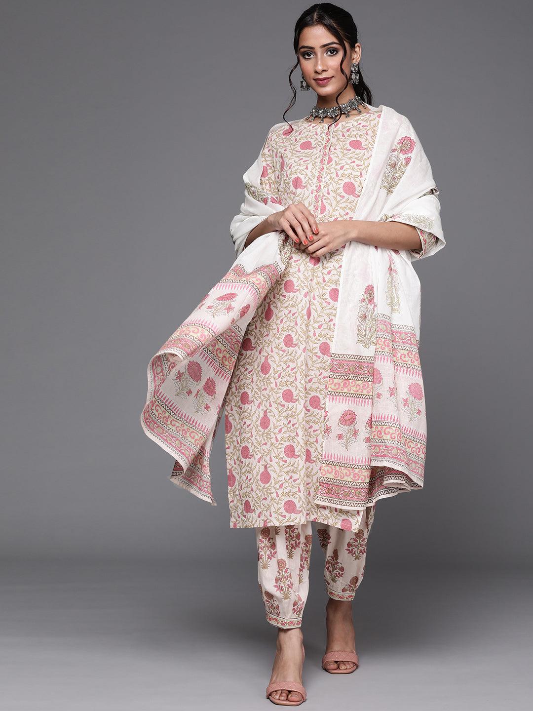 Pink Printed Cotton Straight Kurta With Salwar & Dupatta