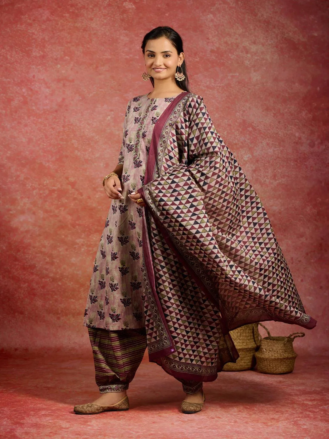 Pink Printed Cotton Straight Kurta With Salwar & Dupatta - Libas