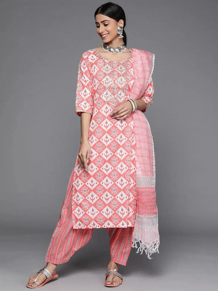 Pink Printed Cotton Suit Set - Libas