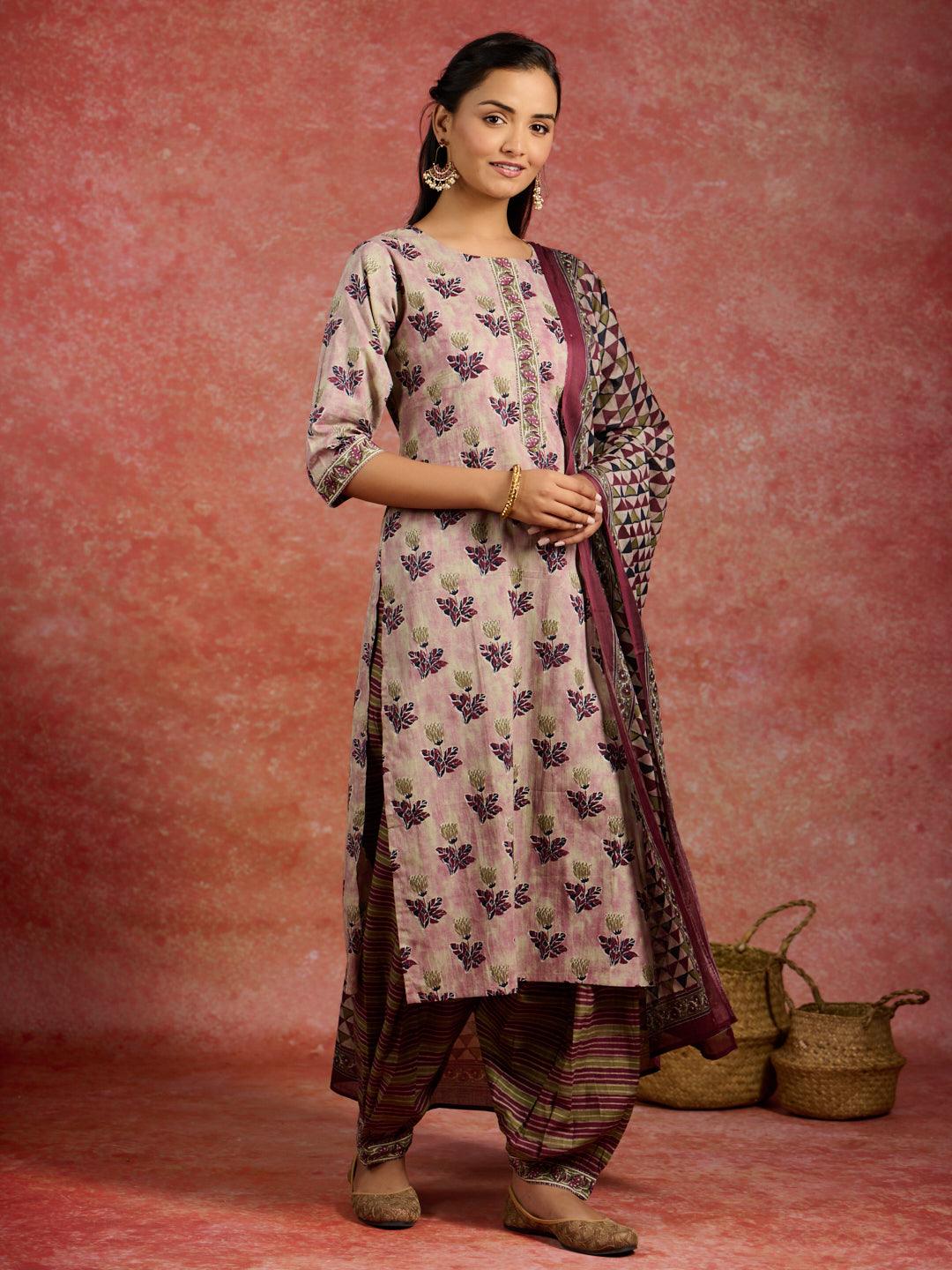 Pink Printed Cotton Straight Kurta With Salwar & Dupatta - Libas