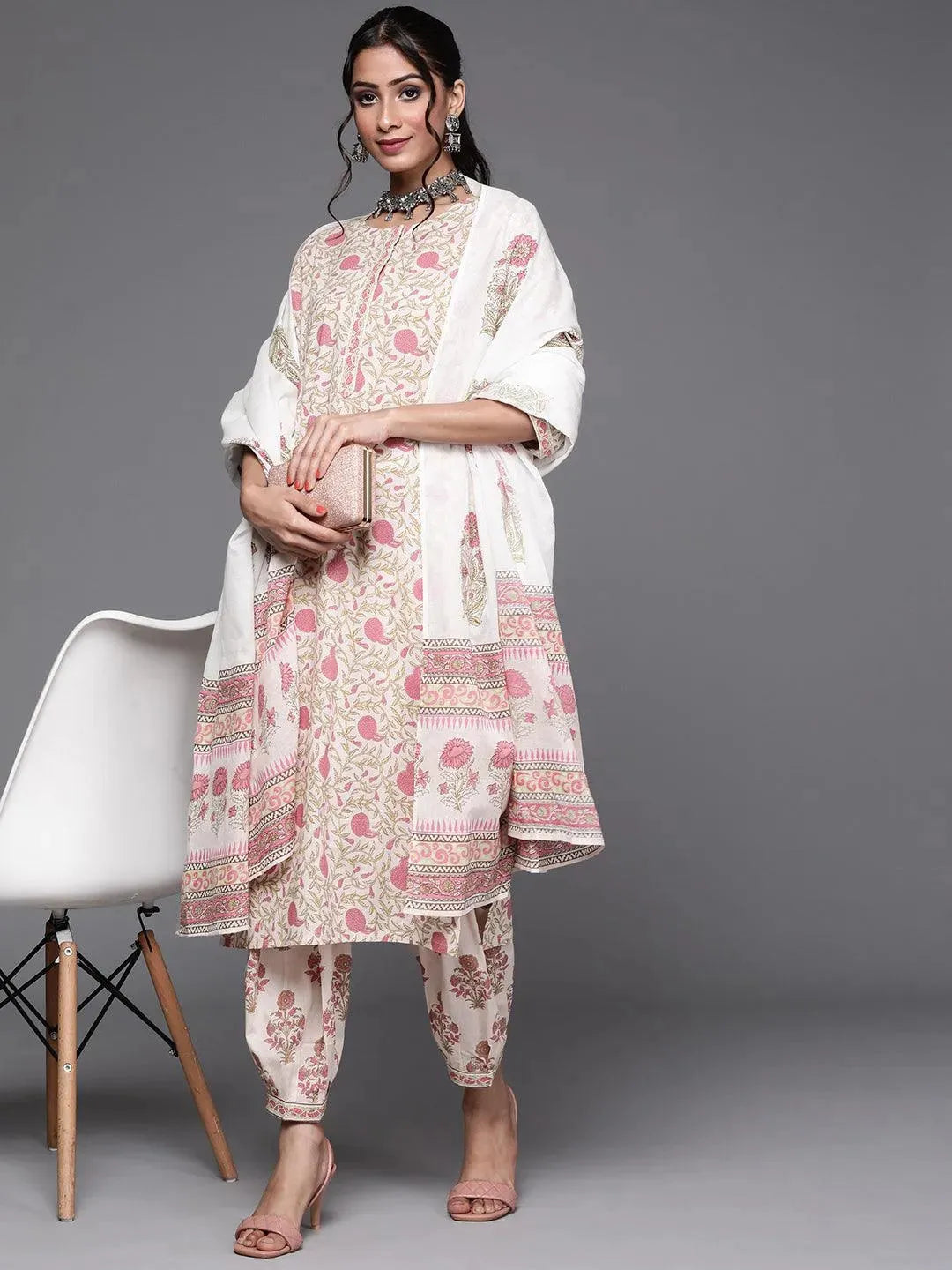 Pink Printed Cotton Suit Set - Libas 