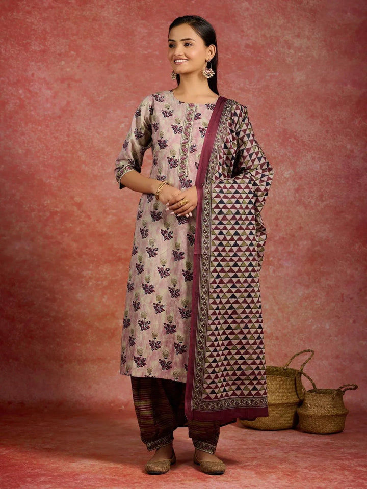 Pink Printed Cotton Straight Kurta With Salwar & Dupatta - Libas