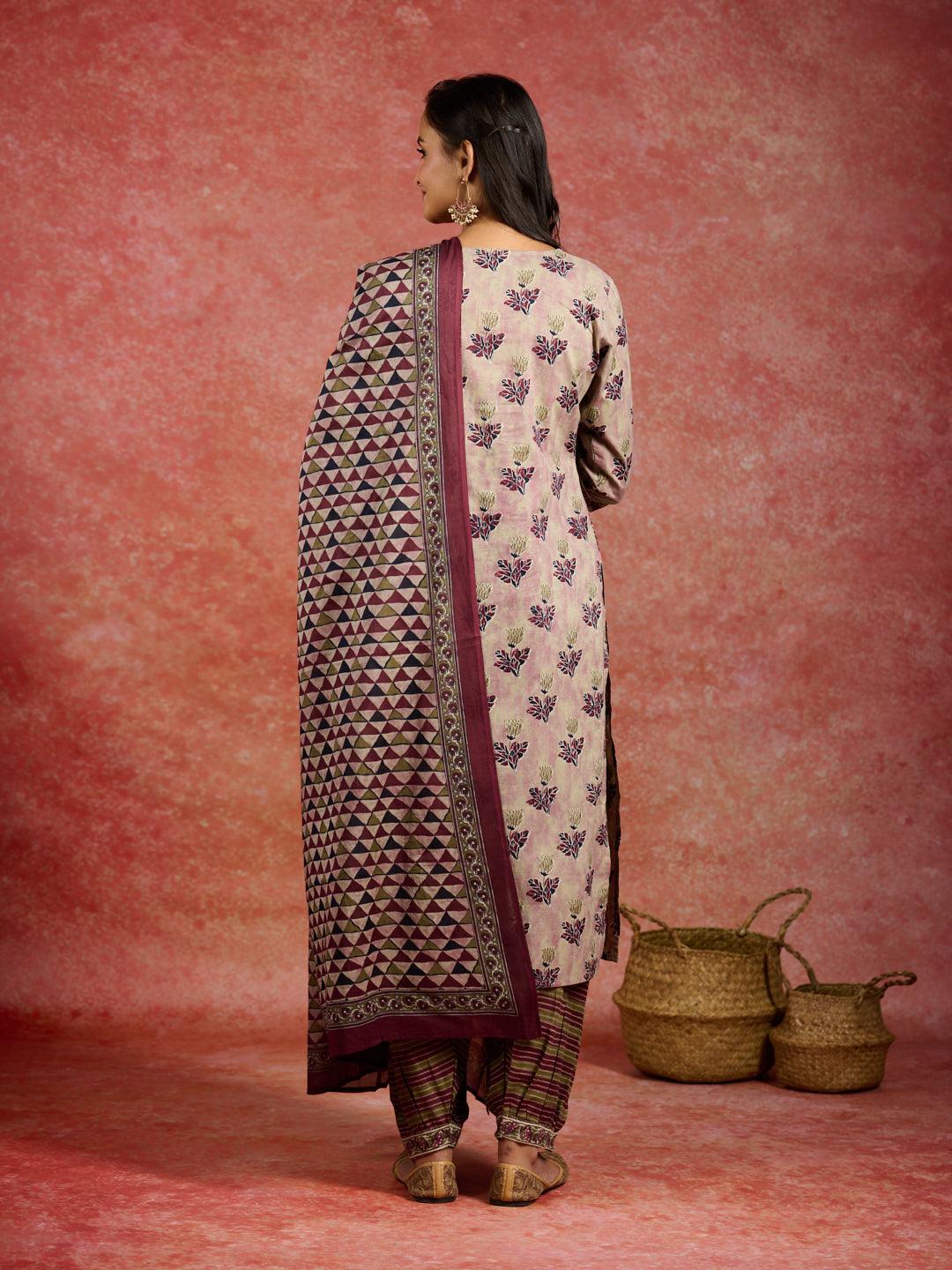 Pink Printed Cotton Straight Suit With Dupatta