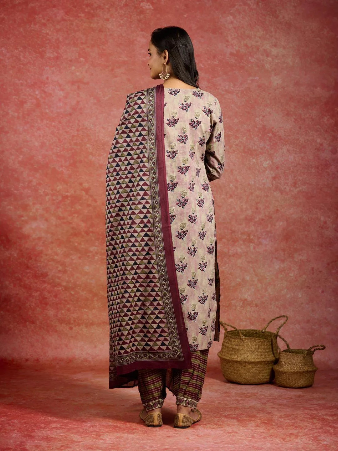 Pink Printed Cotton Straight Kurta With Salwar & Dupatta - Libas 
