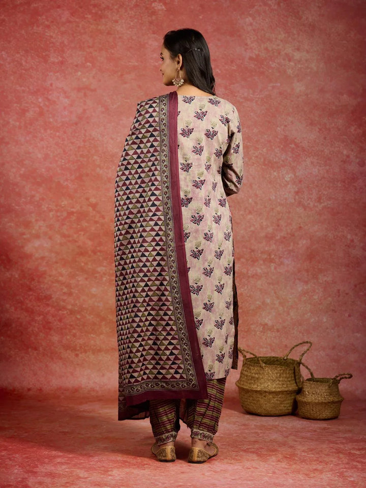 Pink Printed Cotton Straight Kurta With Salwar & Dupatta - Libas