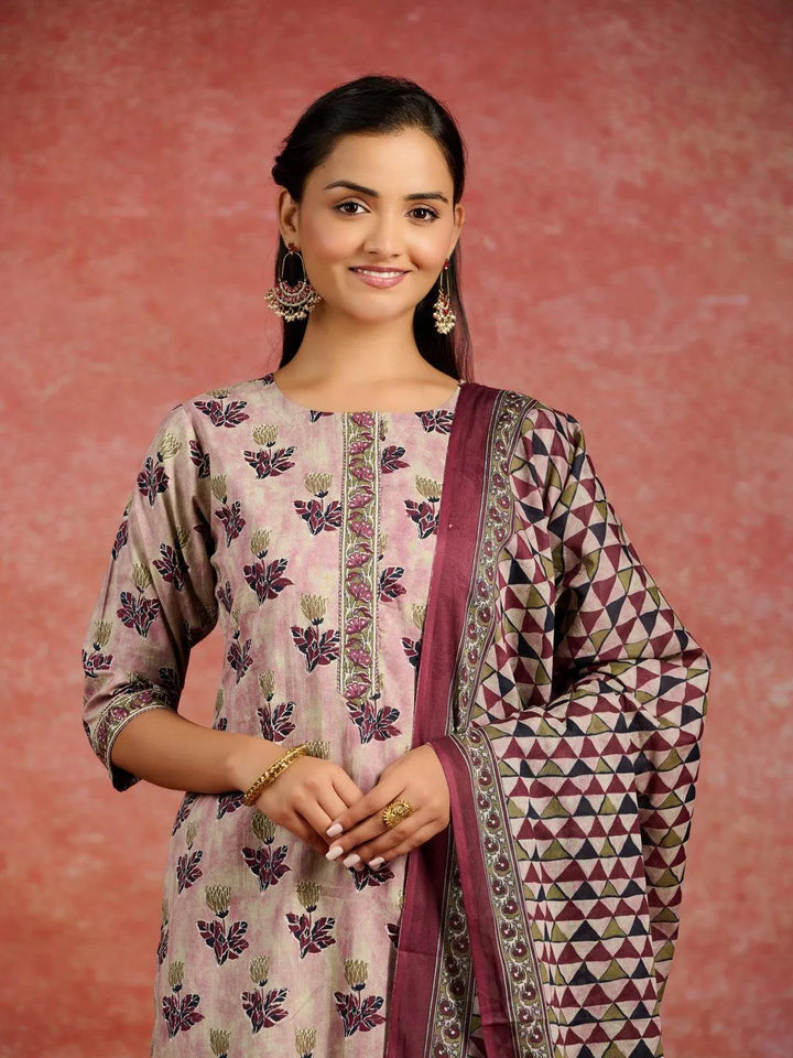 Pink Printed Cotton Straight Kurta With Salwar & Dupatta - Libas