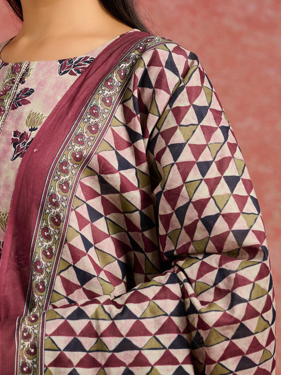 Pink Printed Cotton Straight Kurta With Salwar & Dupatta - Libas