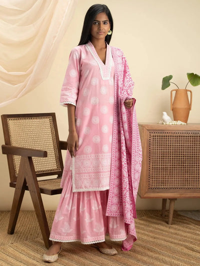 Pink Printed Cotton Straight Suit Set - Libas