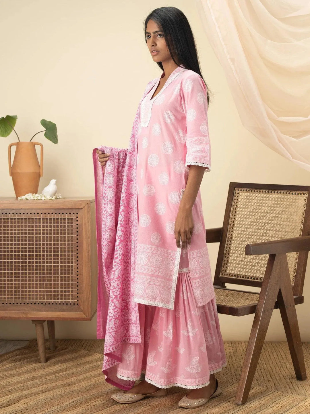 Pink Printed Cotton Straight Suit Set - Libas