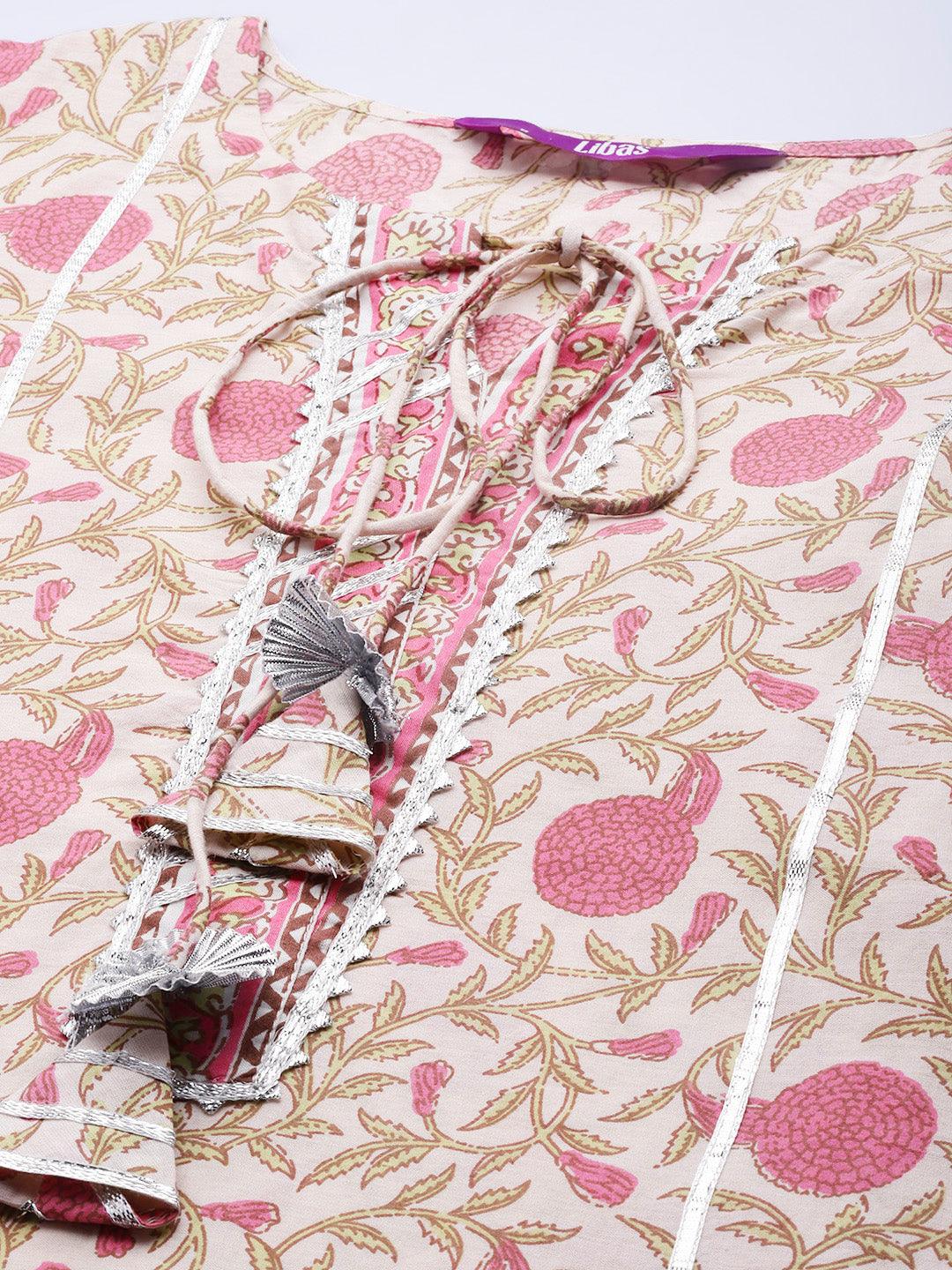 Pink Printed Cotton Straight Kurta With Skirt & Dupatta