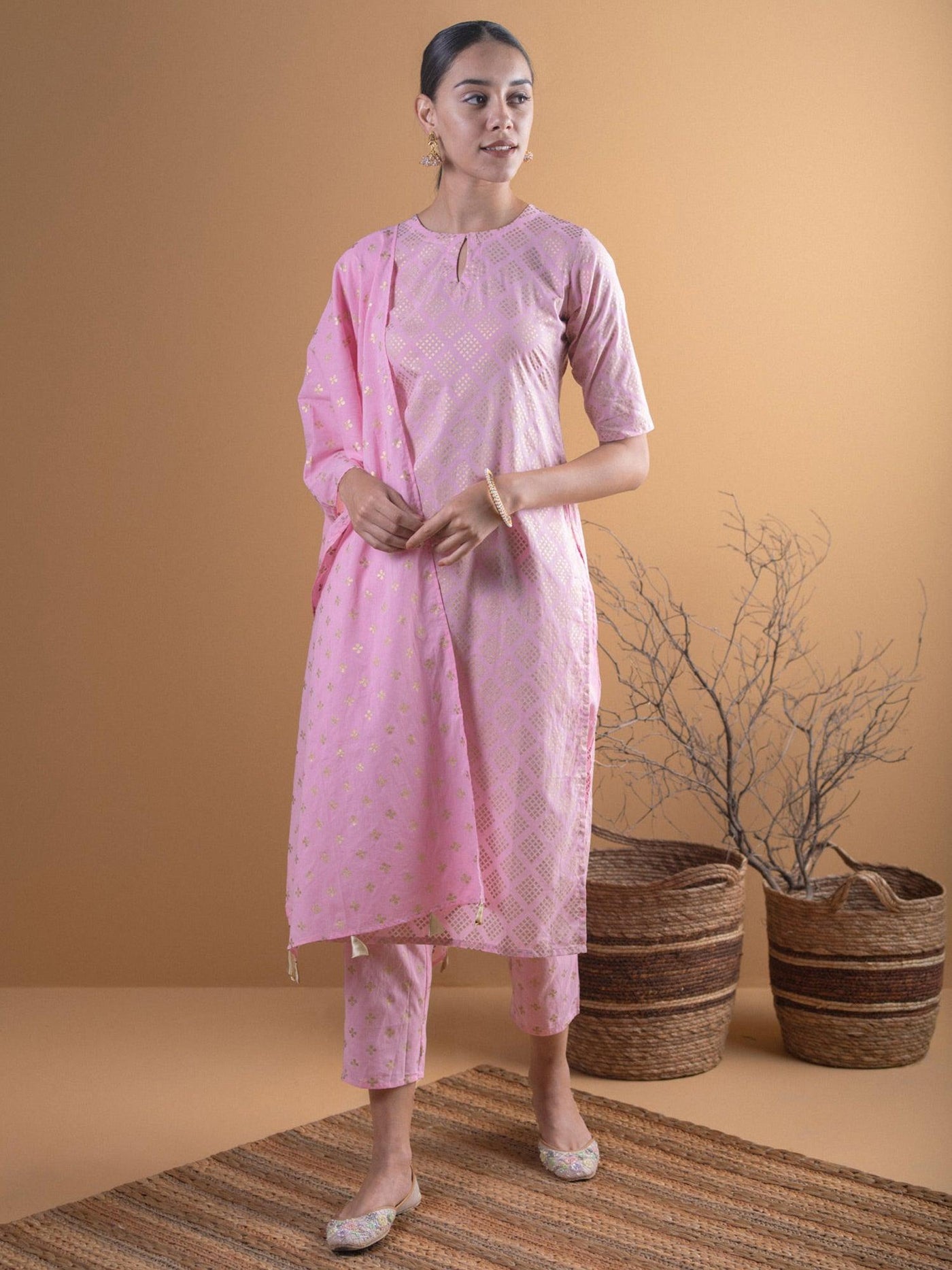Pink Printed Cotton Suit Set - Libas
