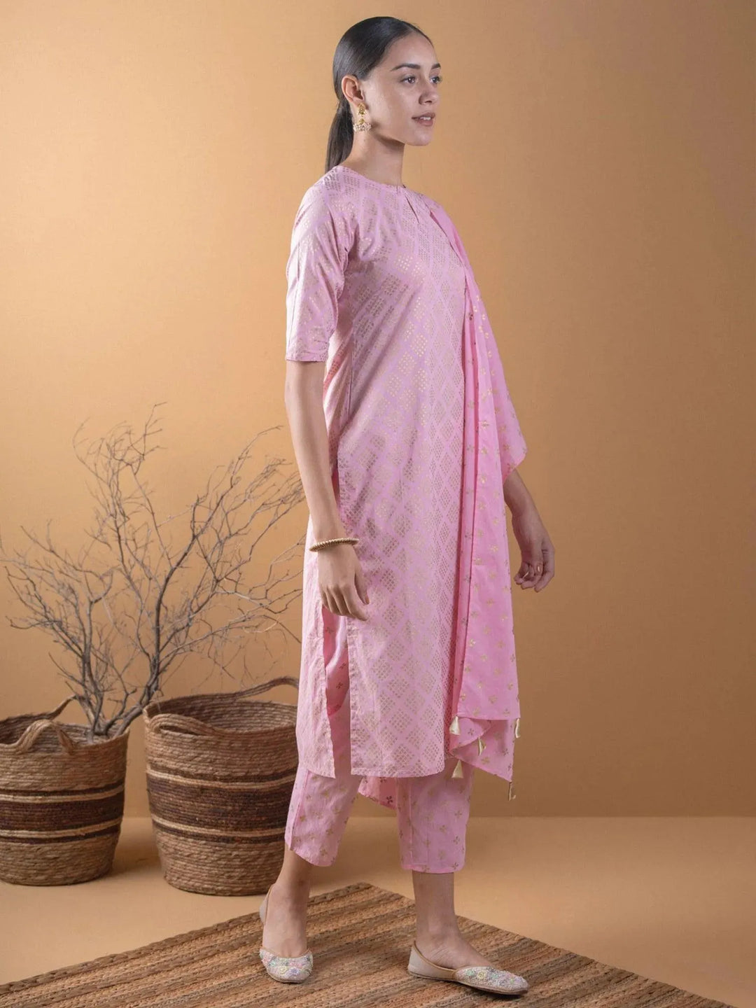 Pink Printed Cotton Suit Set - Libas