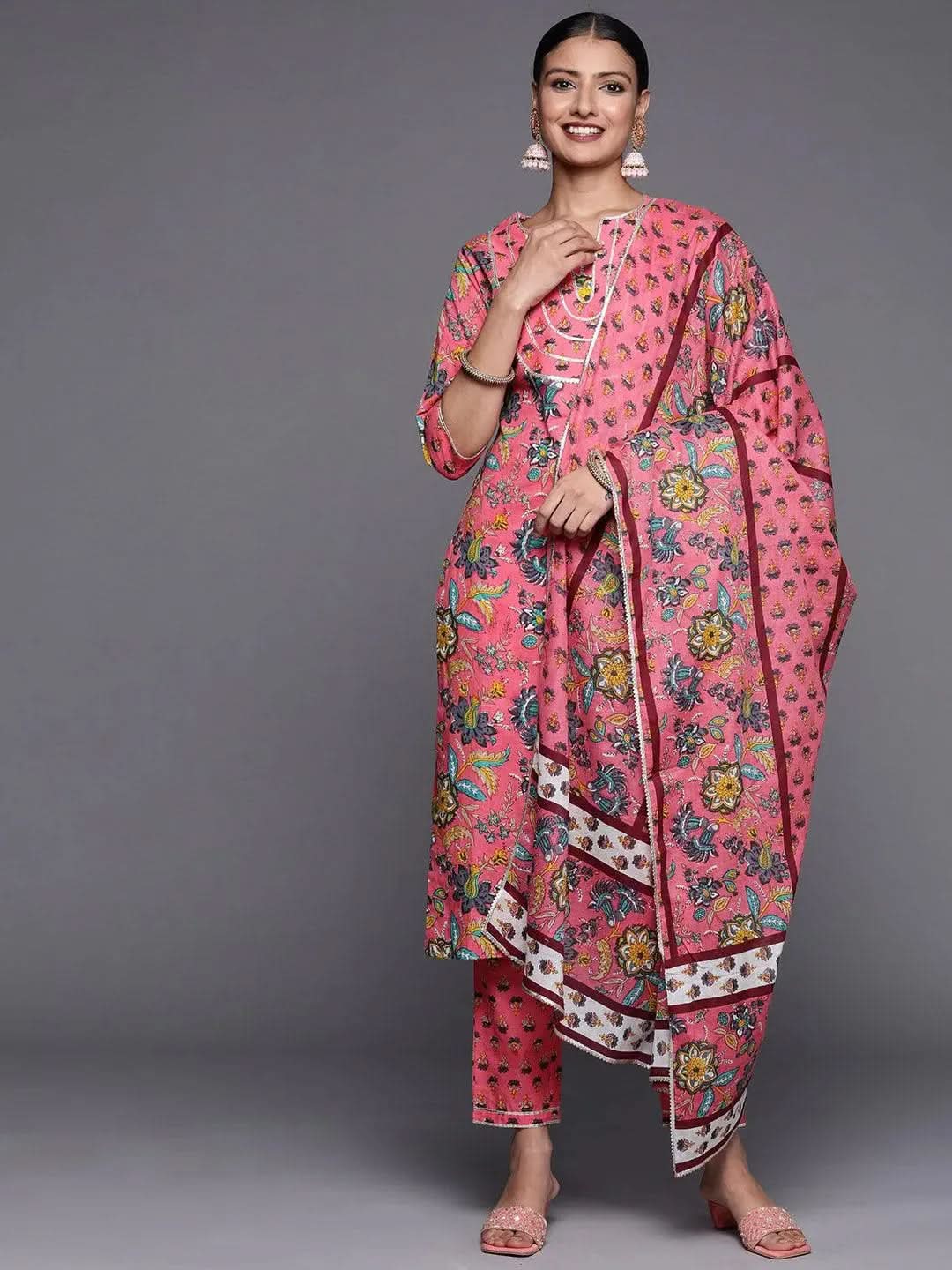 

Pink Printed Cotton Straight Kurta With Trousers & Dupatta