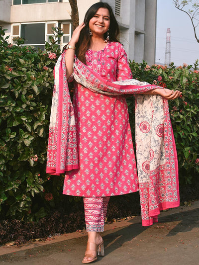 pink printed cotton straight kurta with trousers and dupatta libas 1