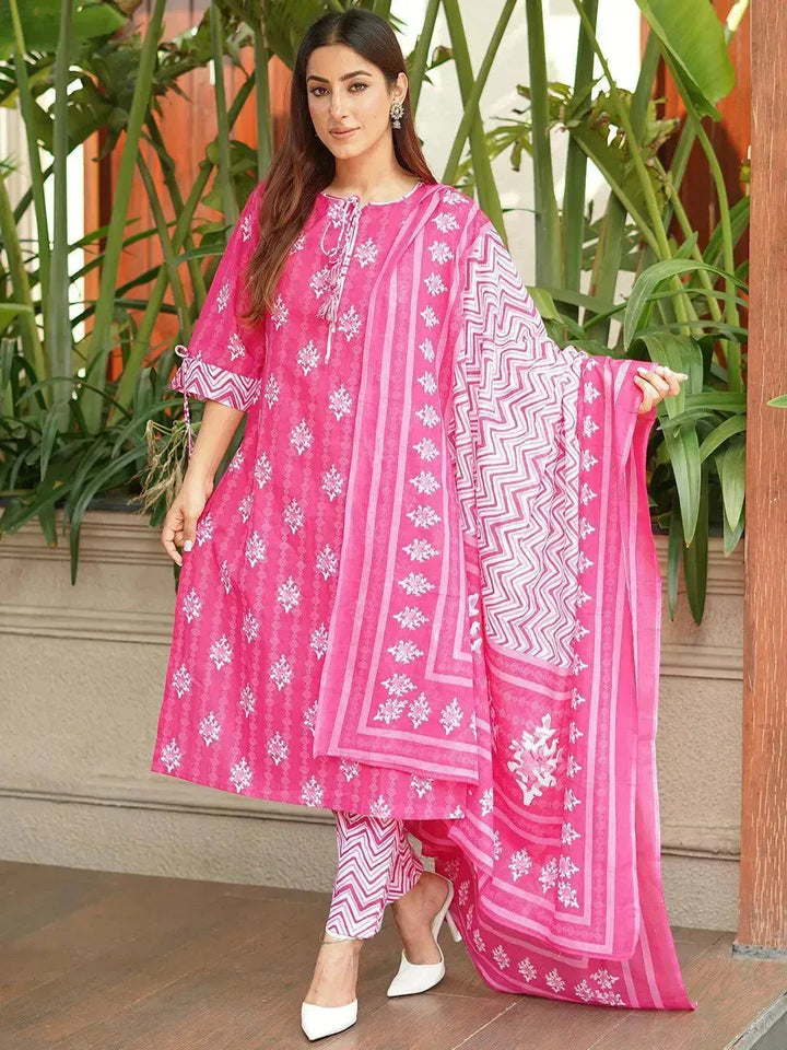 Pink Printed Cotton Straight Kurta With Trousers & Dupatta - Libas