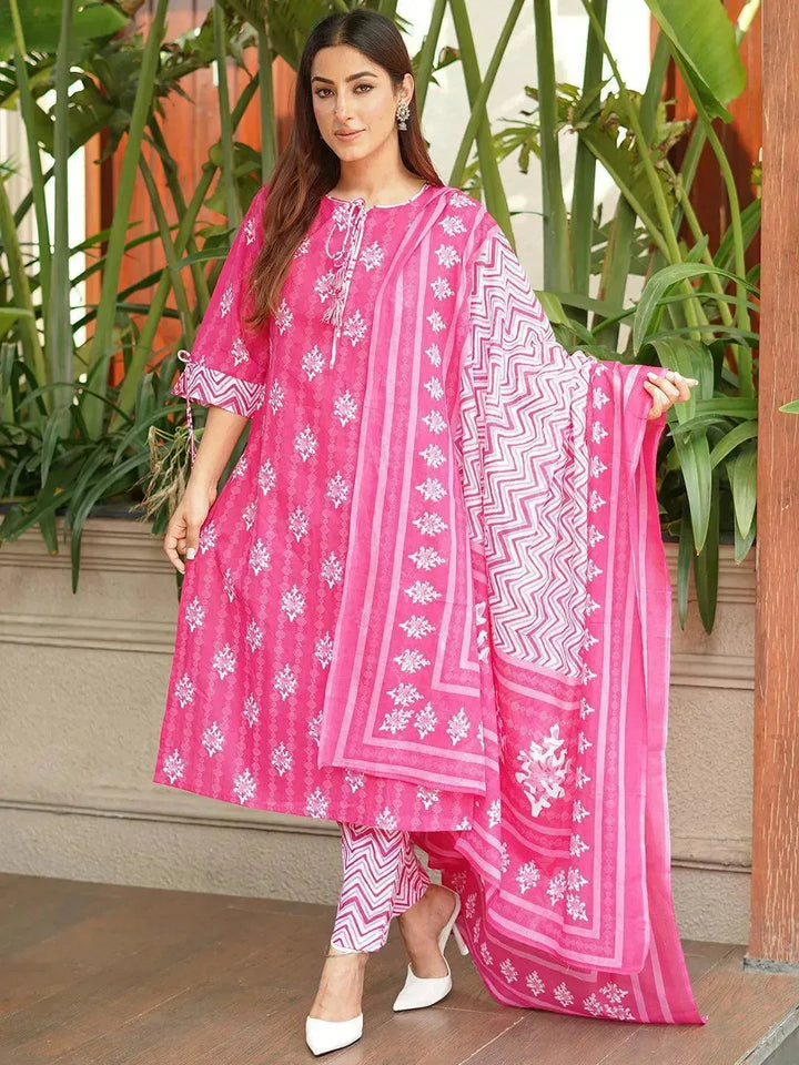 Pink Printed Cotton Straight Kurta With Trousers & Dupatta - Libas