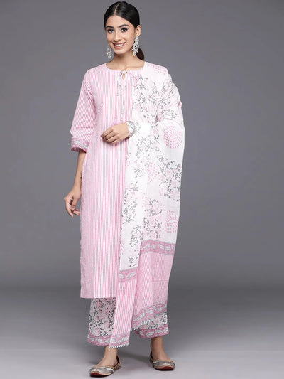 Pink Printed Cotton Straight Kurta With Trousers & Dupatta - Libas